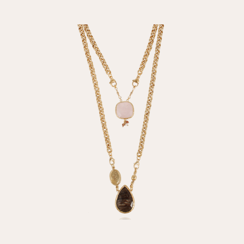 Scapulaire Billy necklace gold - Pink Quartz & Sicilified Wood