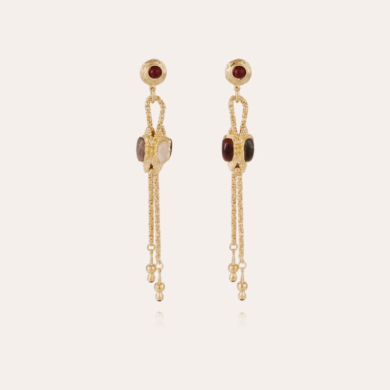 Serti Talisman earrings large size gold - Red Japer, Rock Crystal & Wood Silicified