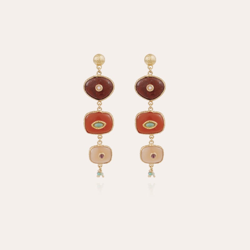 Silene cabochons earrings gold - Red Jasper, Carnelian & pink Moonstone - Exclusives pieces (2 pieces)