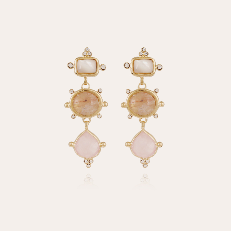 Tiki 3 earrings gold - White Mother-of-pearl, Red Hematoide & Pink Quartz