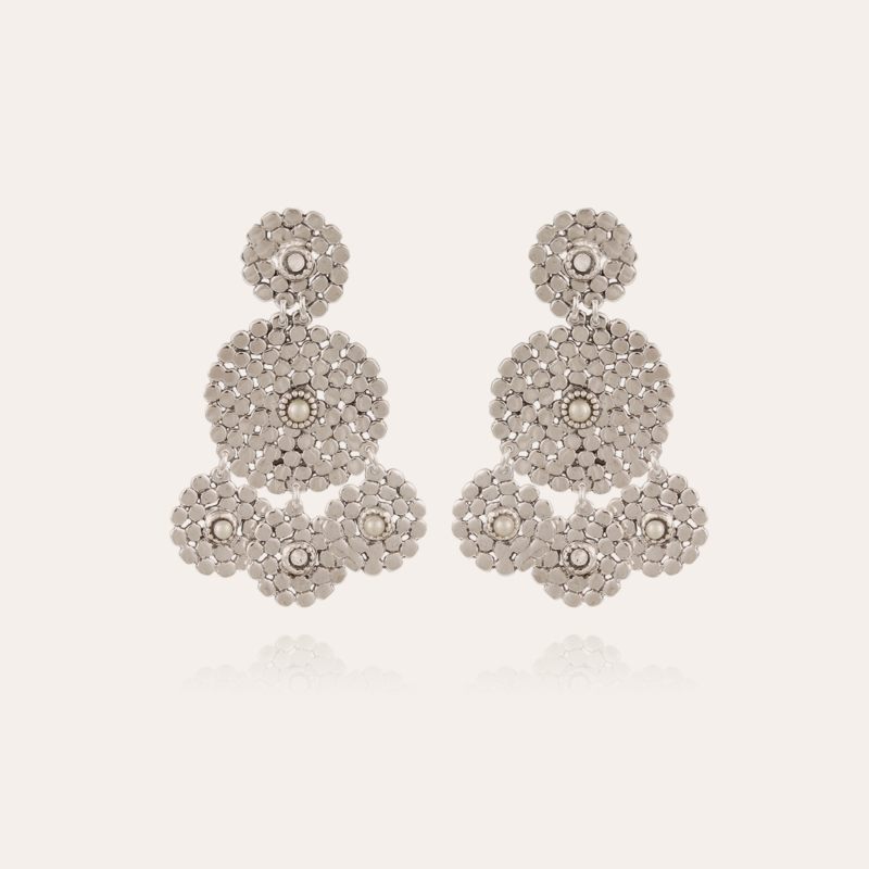 Lucky Sequin cabochons earrings small size silver - White Mother-of-pearl & strass