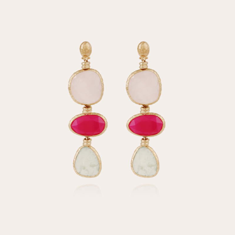 Silene earrings large size gold - Pink Quartz, Fuschia & Fluorine