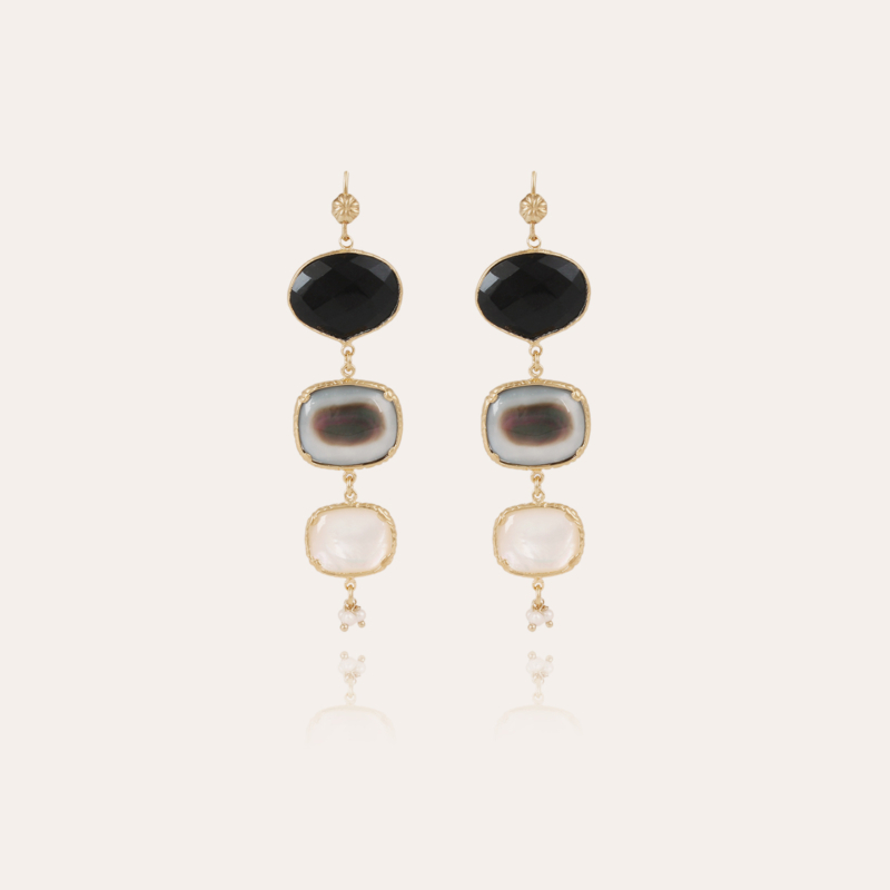 Silene mother-of-pearl earrings gold - Black Onyx, Grey and White Mother-of-pearl