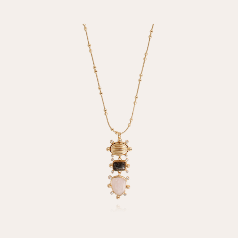 Tiki 3 rows necklace gold - Grey Marble & Pink Quartz 