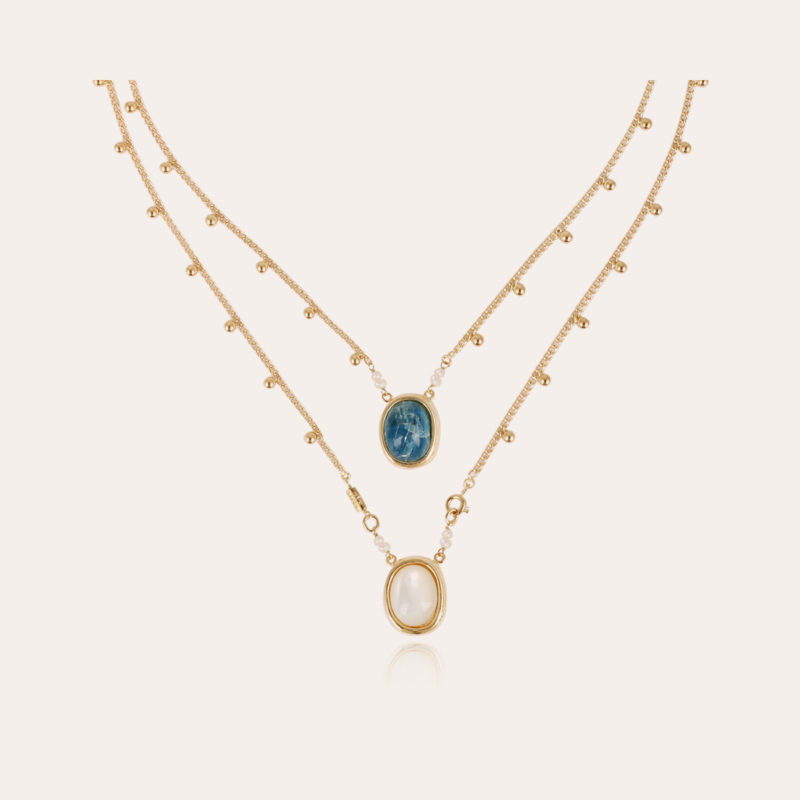 Ovo Serti scapulaire necklace gold - Blue Apatite & White Mother-of-pearl