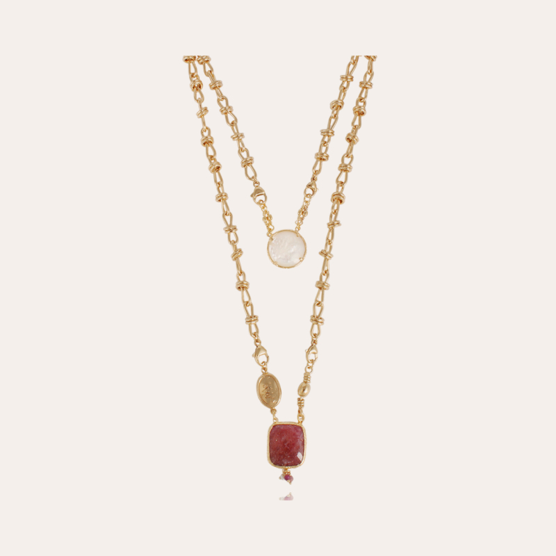 Scapulaire Billy necklace gold - Rodonite & white Mother-of-pearl