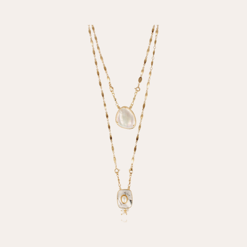 Scapulaire Serti necklace gold - White Mother-of-pearl & Rutile Quartz