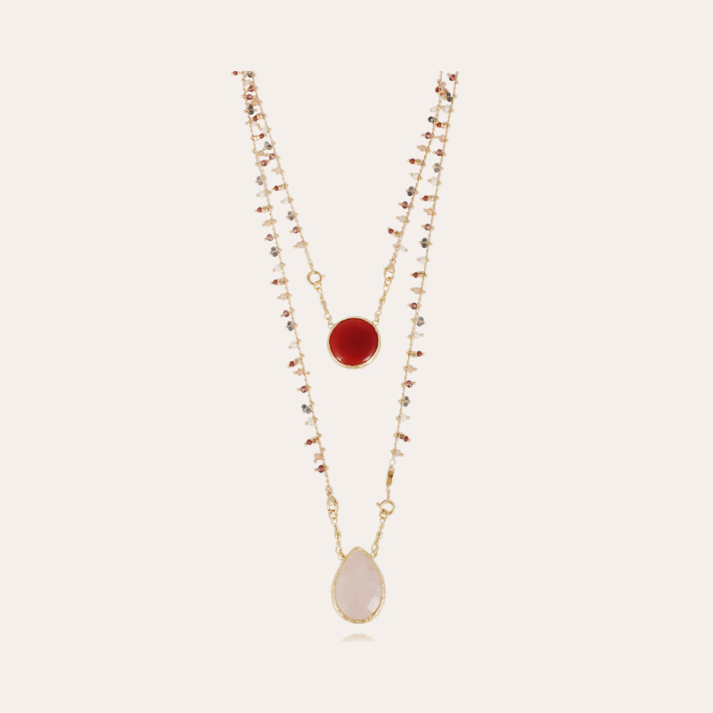 Scapulaire Serti necklace gold - Carnelian & pink Quartz
