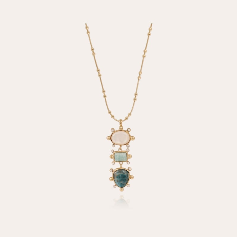 Tiki 3 rows necklace - White Mother-of-pearl, Amazonite & Blue Apatite