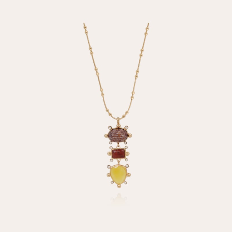Tiki 3 rows necklace gold - Red Jasper & Yellow Calcite
