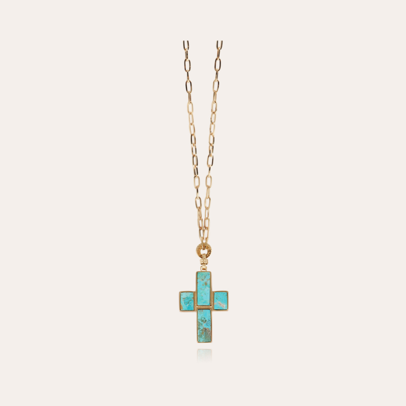 Croix Serti long necklace gold - Turquoise - Exclusive piece (2 pieces)