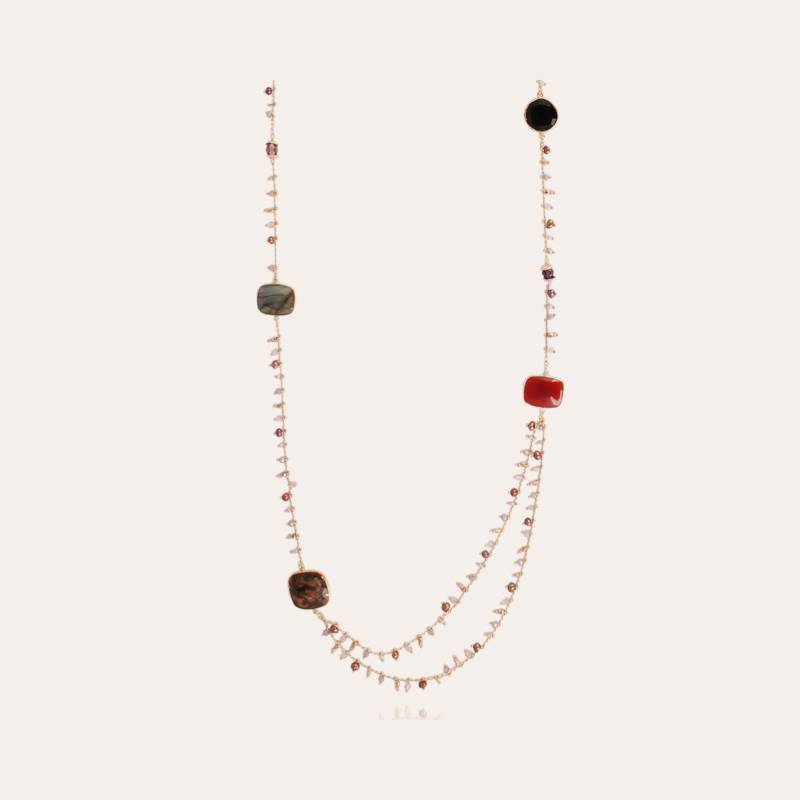 Serti Pondicherie long necklace gold - Black Onyx, Labradorite, Cornaline & Brown Quartz