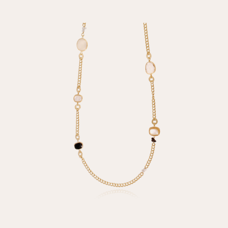 Silene long necklace gold -  White Mother-of-pearl, black Onyx, Moonstone & Crystal