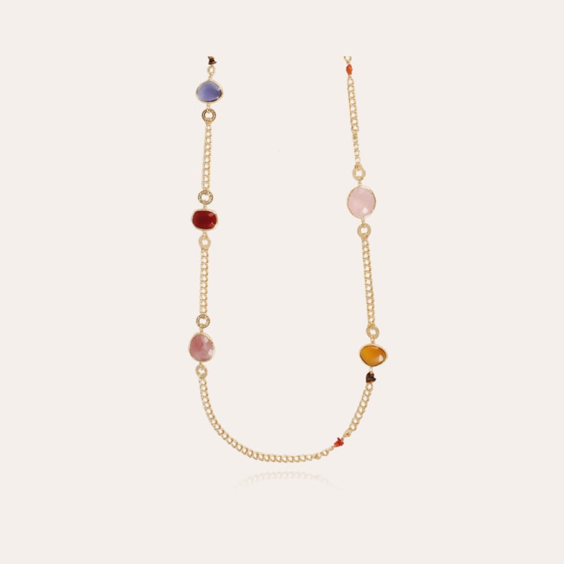 Silene long necklace gold - Pink Quartz, Yellow Calcite, Gavana Quartz & Carnelian