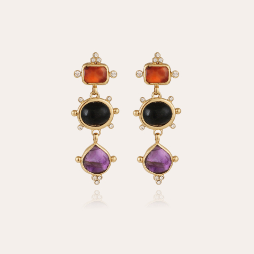 Tiki 3 rows earrings gold - Carnelian, black Basalte & Amethyst