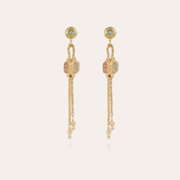 Serti Talisman earrings large size gold -  Amazonite, Yellow Hematoide, Red Hematoide, Fluorine & Pink Quartz