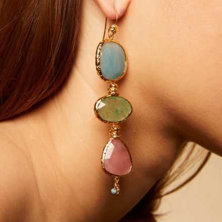 Silene earrings large size gold - Pink Quartz, Fuschia & Fluorine