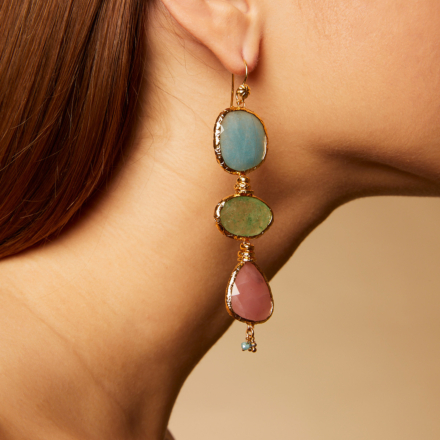 Silene earrings large size gold - Pink Quartz, Moonstone & Gavana Quartz